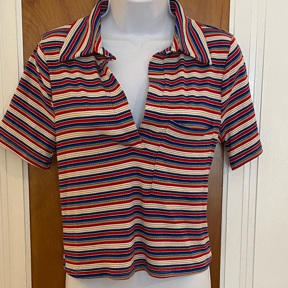 NWT Ever After Striped V-Neck Crop Polo Medium Red Blue Vintage Vibes Pocket